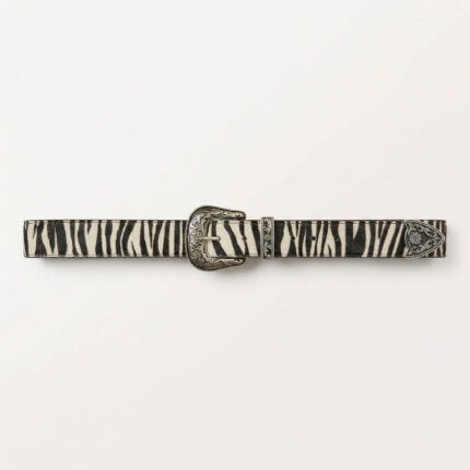 cinturón de cuero zebra blanco y negro con hebilla western metálica